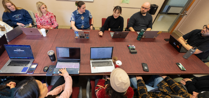 Yotam Ophir, with the Department of Communication, holds a class discussing media effects and misinformation through the Extremism MEME Lab.