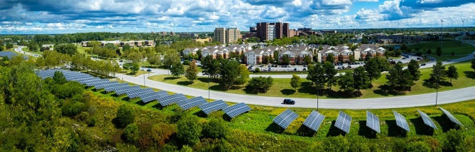 Baird Point and Lake La Salle at dusk (the blue hour) on North Campus in the fall of 2018. Photographer: Douglas Levere.