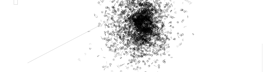 Abstract composition on a light gray background featuring a dense cluster of scattered black and gray letters forming a dark central mass. Individual characters radiate outward and fade as they disperse, with faint linear guide marks and thin geometric lines crossing the image.