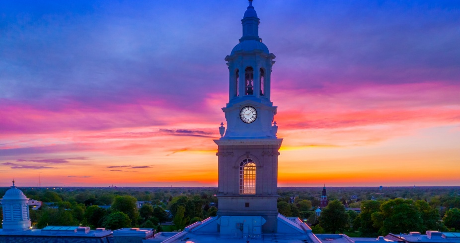 South Campus' Hayes Hall clock tower at sunset.