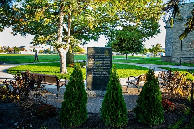 The South Campus memorial garden. Click the image to see a closeup view of the monument. Photo: Douglas Levere.