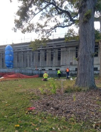 Three Archaeological Survey workers outside at the AKG Art Museum construction project.