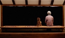 photo of back of man and dog.