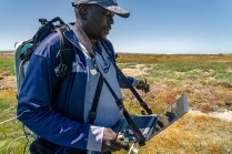 Zoom image: BioSCape Science Team member Elhadi Adam (U Pretoria) collecting spectroscopy measurements of estuarine vegetation in South Africa. Photo: J. Shelton. 
