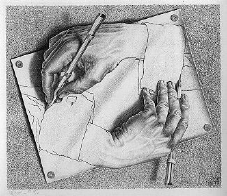 "Drawing Hands" by M.C. Escher. Licensed under Fair use via Wikimedia Creative Commons.