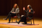 Tom Toles was joined on stage by Bruce Jackson, SUNY Distinguished Professor of English and James Agee Professor American Culture, for a candid dialogue about political commentary, journalism and Toles’ career. Photo: Douglas Levere