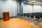 Lecture-style seating is available in all wall configuration options, capacity varies. Picture shows 145 A+F, which is 1/3 of the room, seating for 70 with a podium. 