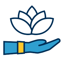 Icon of hand with lotus floating over it.