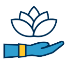 Icon of hand with a lotus floating above it. 