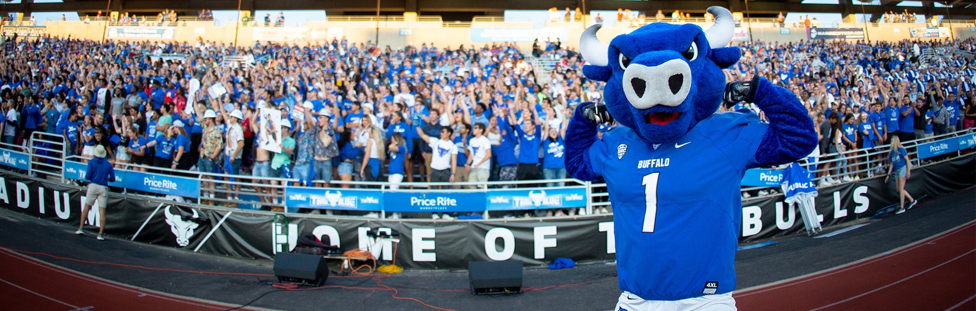 UB's mascot Victor E. Bull makes two large bicep muscles while standing in front of a packed stadium at a UB sporting event. Photographer: Meredith Forrest Kulwicki. 