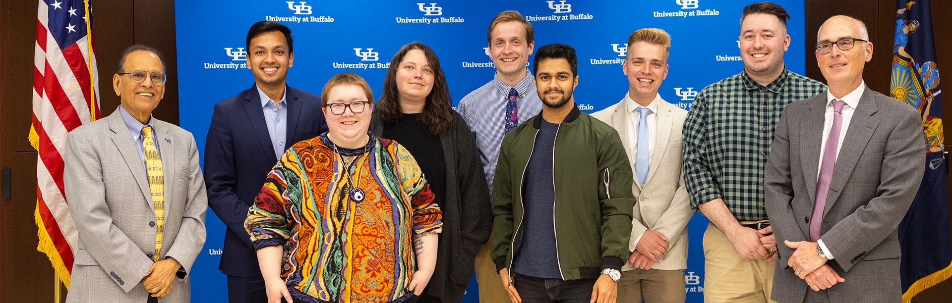 The recipients of the Excellence in Teaching Award for Graduate Teaching Assistants were honored in April 2023 at a luncheon in the Buffalo Room. Presented annually by the Graduate School, the award recognizes graduate students who have demonstrated exceptional performance in the execution of their teaching responsibilities. The winners, flanked by President Satish K. Tripathi (left) and Graham Hammill, vice provost for academic affairs and dean of the Graduate School (right), are (from left) Anarghya Das, Computer Science and Engineering; Meredith Cole, Geological Sciences; Callie Ingram, English; Collin O’Connor, Geography; Nitin Kulkarni, Computer Science and Engineering; Joel Kirk, Music; and Jamison Garcia Ramirez, Romance Languages and Literatures. Photographer: Douglas Levere. 