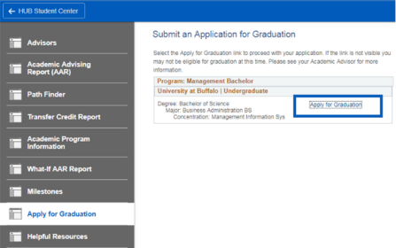 Screenshot of Submit an Application for Graduation screen with a box over Apply for Graduation hyperlink.
