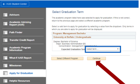 Screenshot of Select Graduation Term screen with box around drop down menu and an arrow pointing to the Continue button.