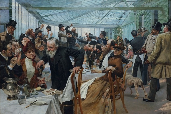 By encouraging random encounters and free-flowing conversation, coffee shops are engines of innovation. The Scandinavian Artists’ Lunch at Café Ledoyen, Paris: Varnishing Day 1886, by Hugo Birger.