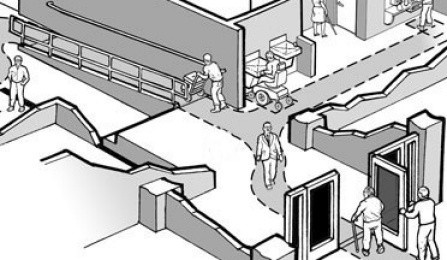 Drawing of people traveling through accessible interior access routes. 