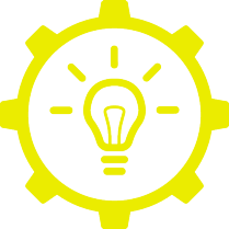 An icon of a lightbulb within a gear. 