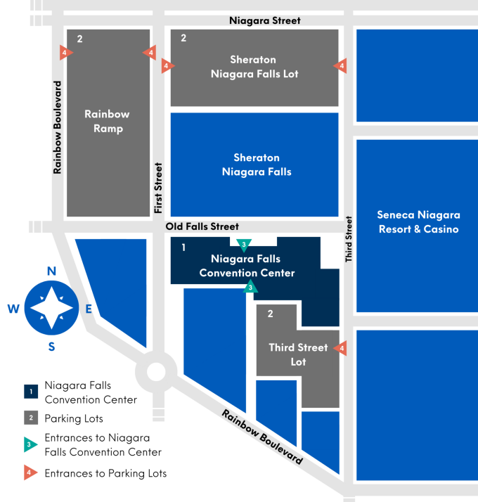 Zoom image: Attendees can park for free at the Third Street lot by the Convention Center, the Sheraton Niagara Falls lot and the Rainbow Ramp. 