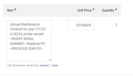 Zoom image: ShopBlue required item description for annual copier maintenance order.