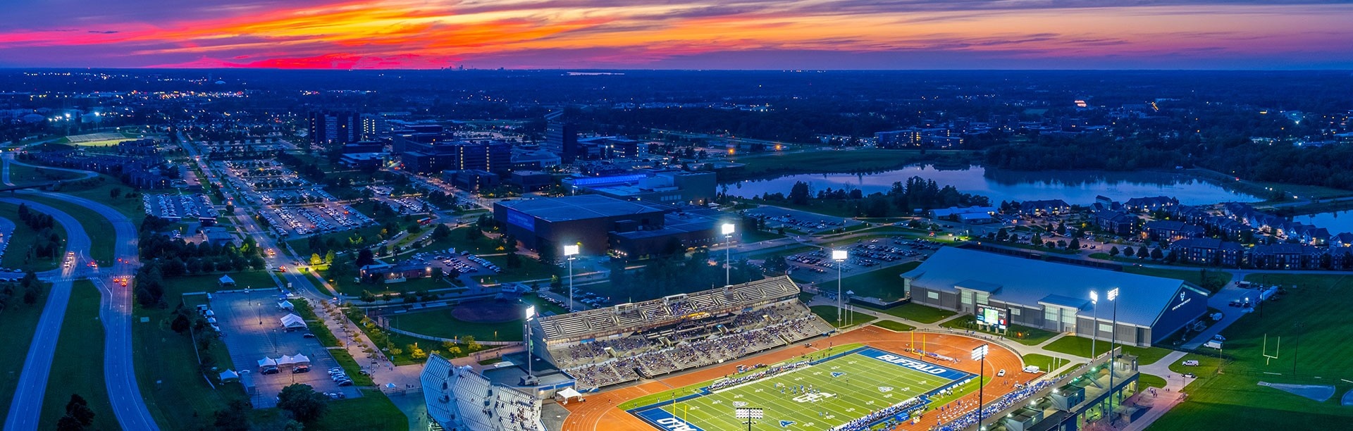 North Campus aerial shot at night.