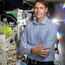 A portrait of Joseph Balthasar, with the School of Pharmacy, in a research lab in the Pharmacy Building in September 2020.
