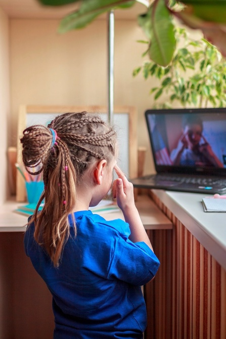 English class with student tutor online. Girl studying English language with student at home.