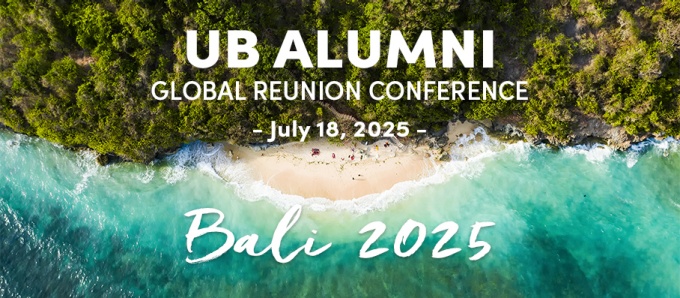 Bali beach image with text: UB Alumni Global Reunion Conference Bali 2025, July 18, 2025. 