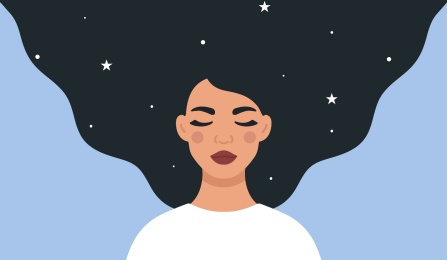 A cartoon image of a woman with her eyes closed, with her mind surrounded by stars.