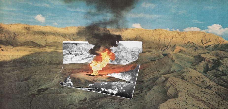 a collaged image by Christy Rupp; a dry desert mountain landscape on top of blue clouds. In the center there is a flame coming from the ground, letting off black smoke, and around it is a torn photo of a landscape. 