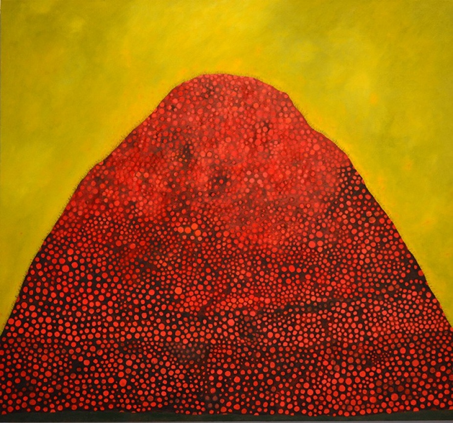 Painting by David Schrim of a black mound with red dots against a gold background.