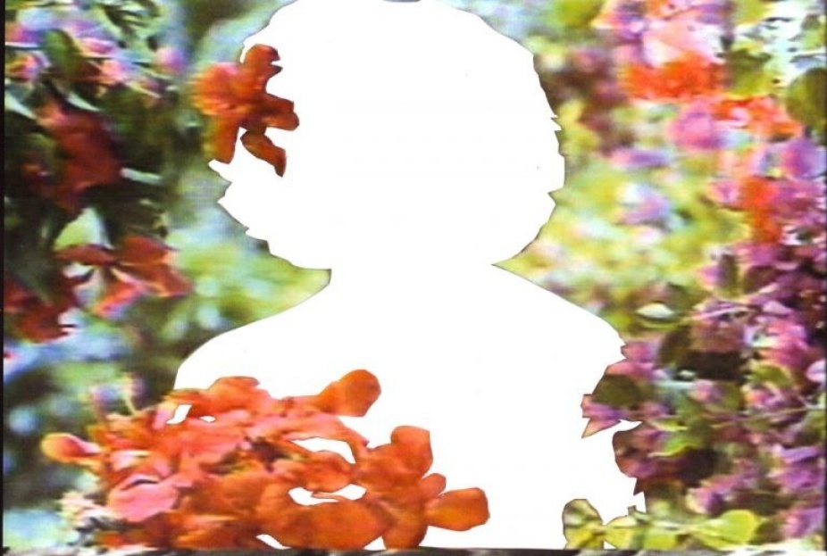 Still Image from Video by Andrea Chung of bobbed hair figure in white surrounded by botanical objects.