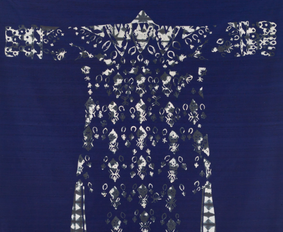 Collage by Alyssa Pheobus Mumtaz of golden silk collaged on indigo paper configuring Japanese traditional robe form.