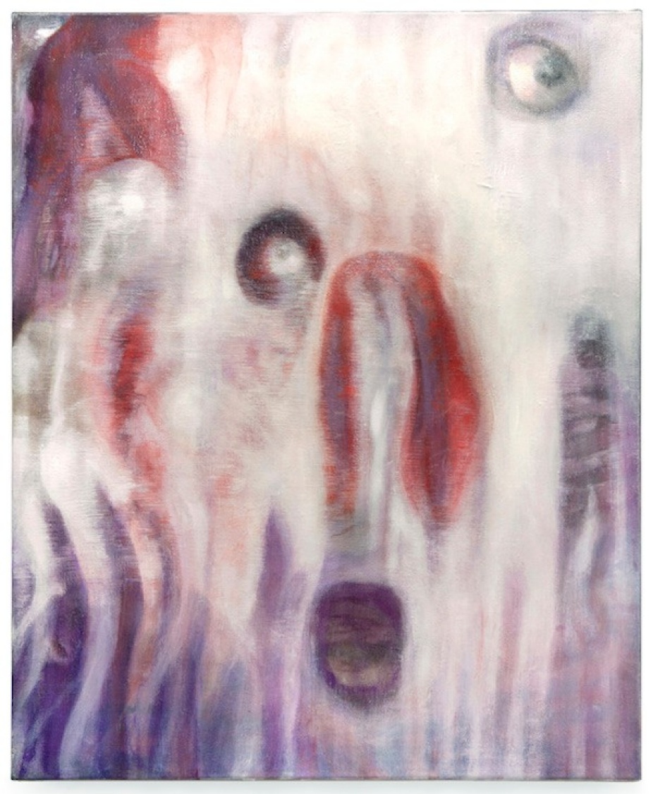 Painting by Bracha of abstract forms in white, purple and red.