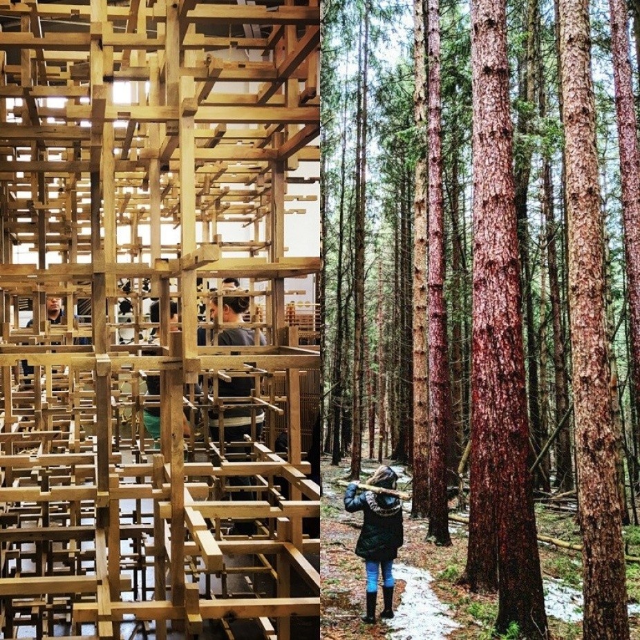 Two photos are next to eachother - on the left there is a complicated wooden grid sculpture. On the right a figure in a winter coat holds a log in an evergreen forest.