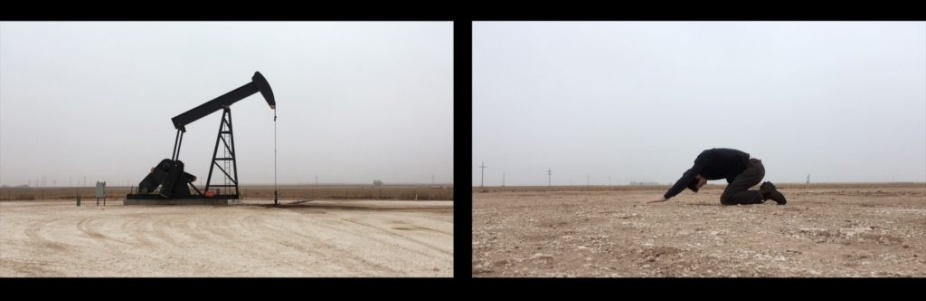 A still frame from video, Bow by J. Eric Simpson. An oil driller sits in a field.