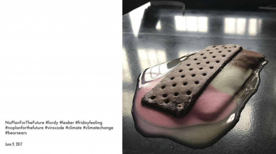 Still Image from Video by Virocode of melting ice cream sandwhich in pink, white, brown with hashtags #lordy #leaker #fridayfeeling #nonplanforthefuture #virocode #climate # climatechange #bearsears.