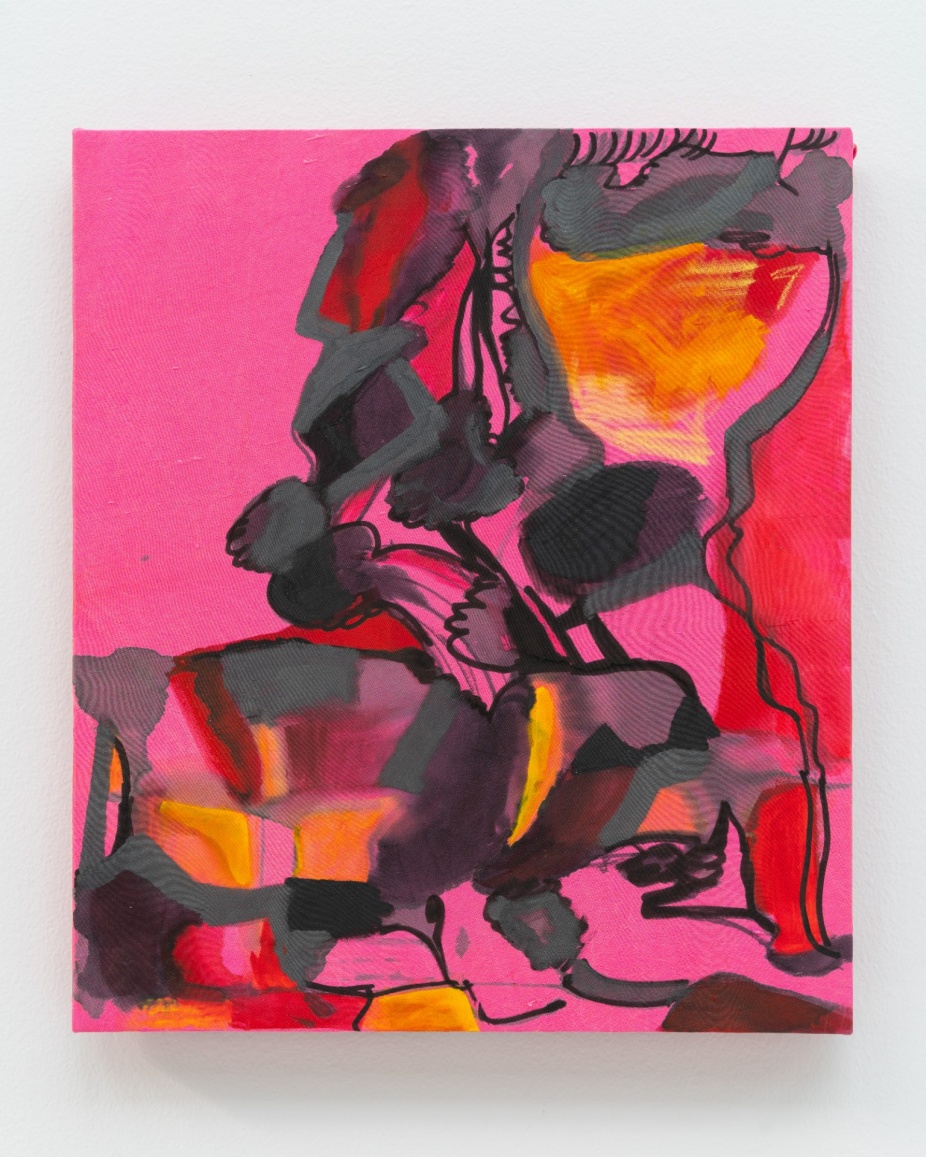 Installation photo of Annie Bielski: Strutting Fretting. A painting with a primarily pink background and abstract forms in gray, black and yellow.