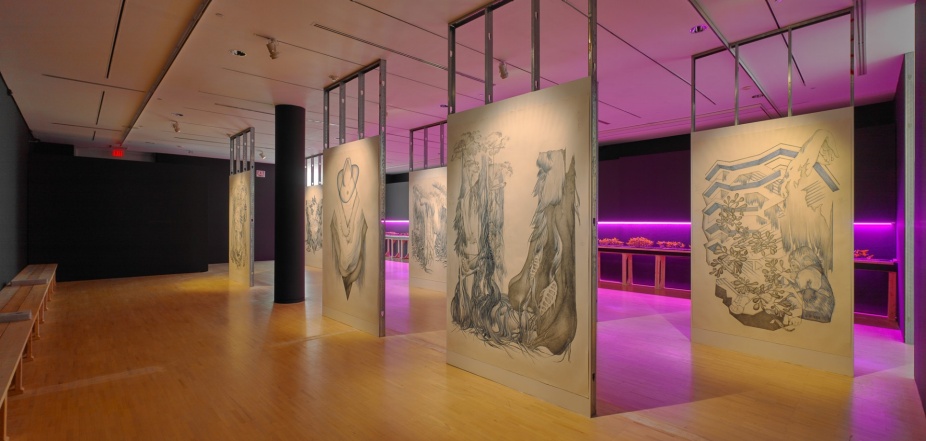 A photo of Marlene McCarty: In the Weeds installed at UB CFA Gallery.