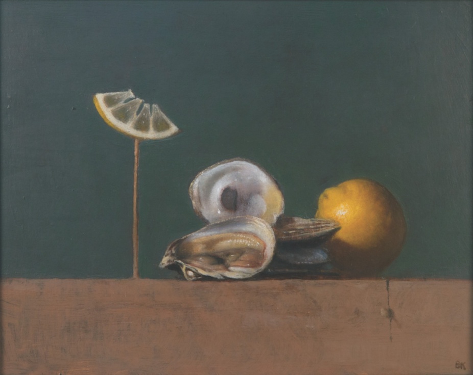Bruce Kurland, Oysters on the Half Shell with Lemon, 1979. Oil on panel, 8 x 10 inches. Collection of Christina Zuccari. Courtesy of the artist estate.