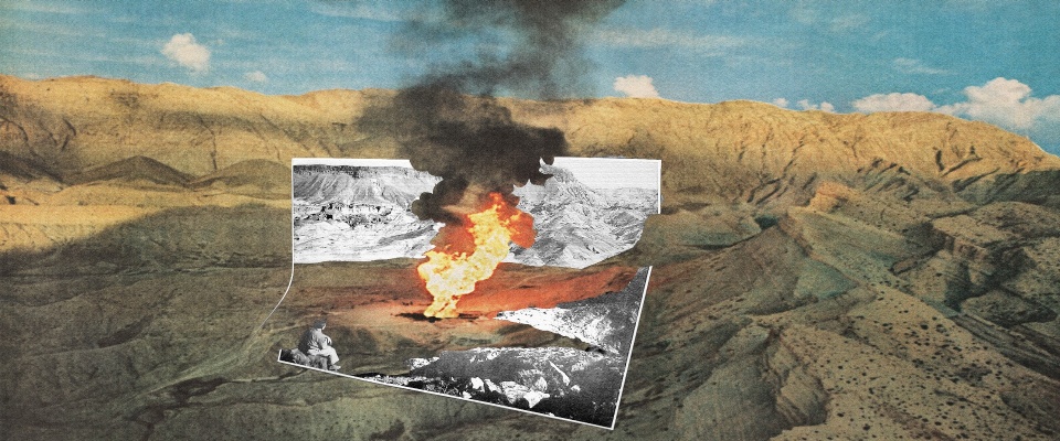 a collaged image by Christy Rupp; a dry desert mountain landscape on top of blue clouds. In the center there is a flame coming from the ground, letting off black smoke, and around it is a torn photo of a landscape. 