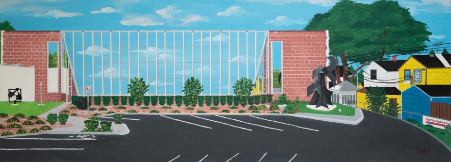 A painting by Curtis Robinson depicting the exterior of UB Anderson Gallery on a clear, blue-skied day. The building’s distinctive brick and glass façade stretches across the canvas, flanked by manicured landscaping and an empty parking lot in the foreground. On the right, a bold black abstract sculpture anchors the curved driveway near a small white gazebo. To the far right, colorful houses in yellow, white, and blue add a residential backdrop, with visible power lines and a hand-painted sign reading “Anderson Gallery Exhibition Entrance.”.