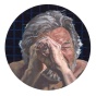 a circular self-portrait painting by Gary L. Wolfe, against a gridded blue and black background, a nude middle aged white man squints one eye while the other eye looks through a peep hole he makes with his two hands. 