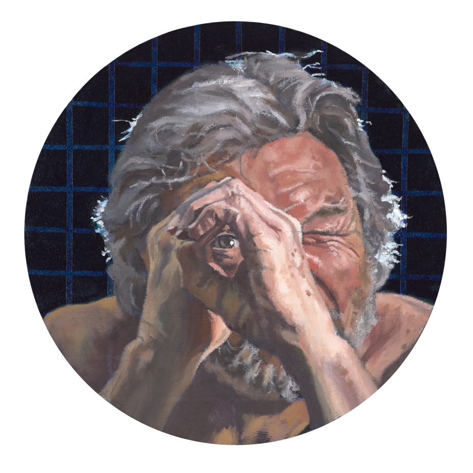 a circular self-portrait painting by Gary L. Wolfe, against a gridded blue and black background, a nude middle aged white man squints one eye while the other eye looks through a peep hole he makes with his two hands. 
