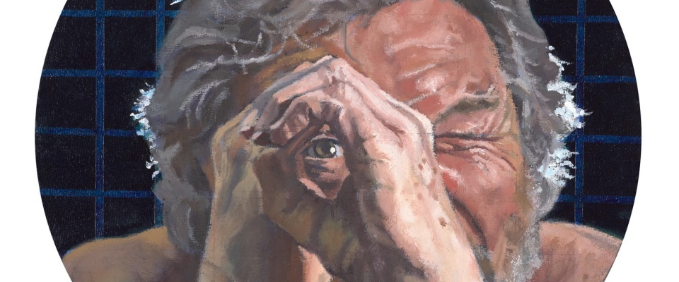 a circular self-portrait painting by Gary L. Wolfe, against a gridded blue and black background, a nude middle aged white man squints one eye while the other eye looks through a peep hole he makes with his two hands. 