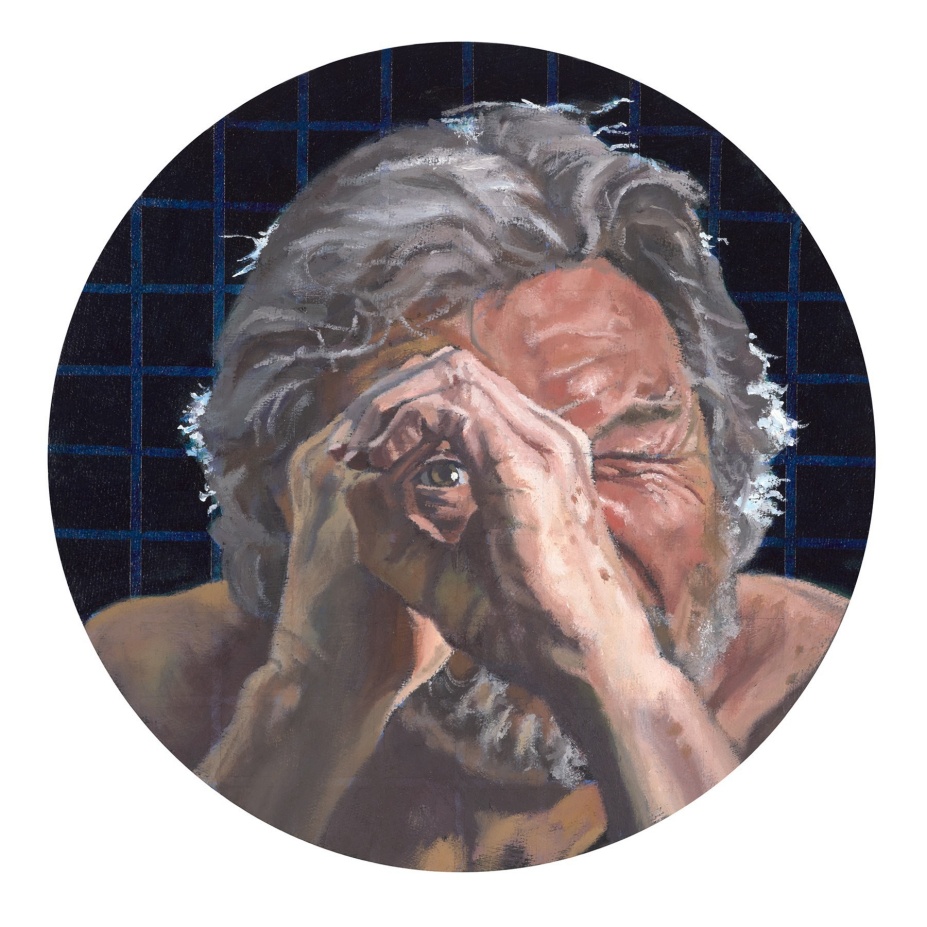 a circular self-portrait painting by Gary L. Wolfe, against a gridded blue and black background, a nude middle aged white man squints one eye while the other eye looks through a peep hole he makes with his two hands.