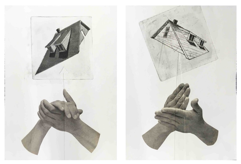 Photo of a diptych collage by Heather Hart. One either side a drawing of a roof is above an image of two hands touching. On the left the two hands are about to clasp eachother, on the other side one hand is chopping the other.