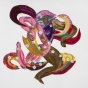 photo of a textile work by Maria Guzman Capron, a colorful figure dances, it's face splits into two. 