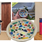 A collage of photographs - in one a white woman stands in front of a receptacle with a sign that reads "Microplastic Recycling Bin." In the center a hand holds a small bowl made of microplastics. On the right the white woman stands in front of another microplastic recycling bin. 