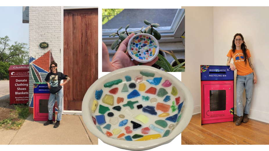 A collage of photographs - in one a white woman stands in front of a receptacle with a sign that reads "Microplastic Recycling Bin." In the center a hand holds a small bowl made of microplastics. On the right the white woman stands in front of another microplastic recycling bin. 