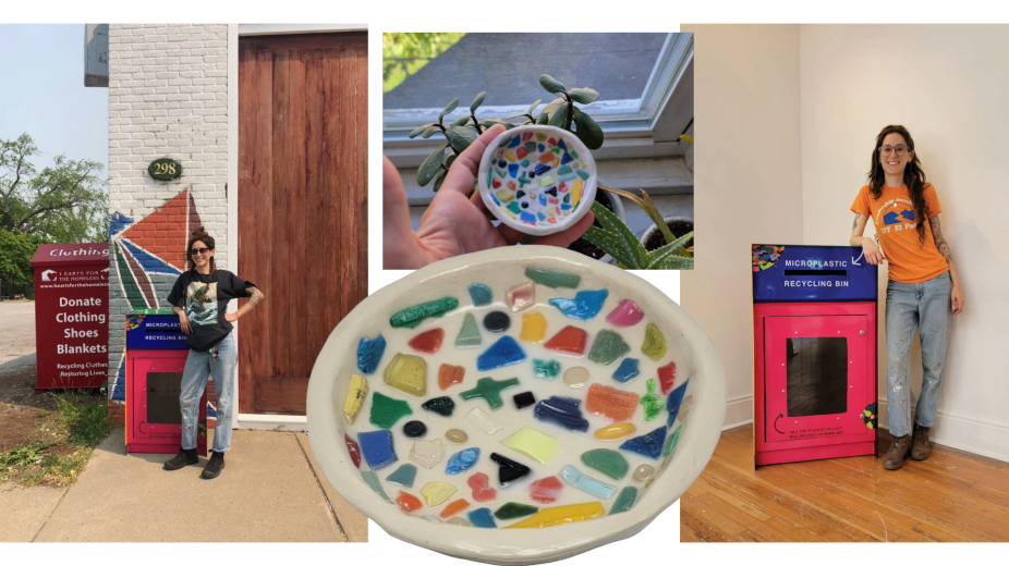 A collage of photographs - in one a white woman stands in front of a receptacle with a sign that reads "Microplastic Recycling Bin." In the center a hand holds a small bowl made of microplastics. On the right the white woman stands in front of another microplastic recycling bin.