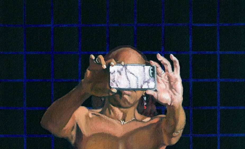 a detail from a larger painting by gary l. wolfe. Against a black grid with blue lines, a nude black woman holds her phone in front of her face, as though she is taking a selfie.